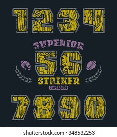Sport numbers with contour and wood texture. Graphic design for t-shirt. Color print on black background