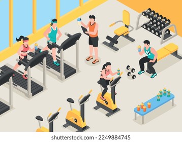 Sport- und Ernährungshintergrund mit Workshops und Ausbildungssymbolen isometrische Vektorgrafik