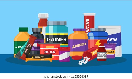 Sport nutrition biologically active additives supplements vector illustration. Jars with sport nutrition pills for athletes bodybuilders. Protein and energy bar, carnitine, bcaa, amino acid, gainer.