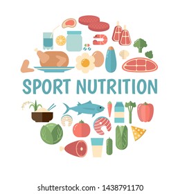 Sport Nutrition concept with food icons. White background.