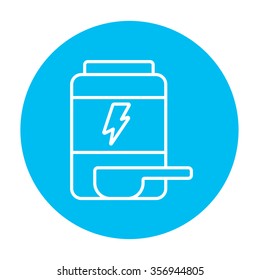 Sport nutrition container line icon for web, mobile and infographics. Vector white icon on the light blue circle isolated on white background.