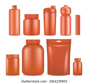 Sport nutrition container packaging mock up set. Vector realistic illustration of blank red plastic jars, foil packages, water bottles, cocktail shakers isolated on white background.