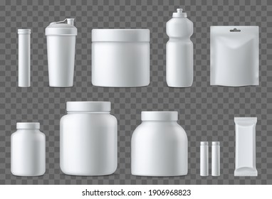 Sport nutrition containers. Realistic blank white plastic packaging mockups collection. Superfood, whey protein powder, vitamins and energy drinks. Sports dietary supplements. Vector 3d template set