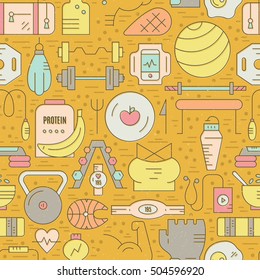 Sport and sport nutrition elements on seamless background. Gym pattern.