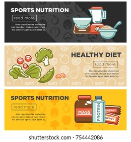 Sport nutrition and fitness healthy food or diet food dietary supplement web banner. Vector cereal porridge carbohydrates, organic fruit and vegetable, gym protein or milk drink and energy calorie bar