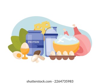 Sport nutrition flat composition with blank background and view of dairy meat and protein contained products vector illustration