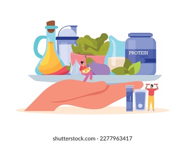 Sport nutrition flat composition with human characters and huge hand holding tray with food products supplements vector illustration