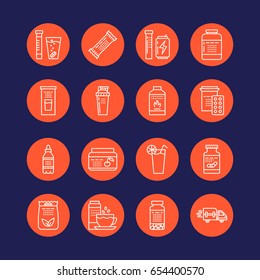 Sport nutrition flat line icons. Bodybuilding food, energy bar, protein, amino acids, anabolic, vitamins. Thin linear signs for gym fitness shop.