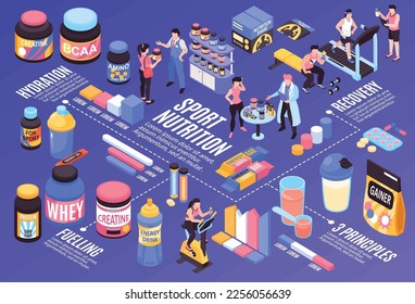 Sport-Ernährungs-Flussdiagramm mit Zell- und Wiederfindungs-Symbolen isometrische Vektorgrafik
