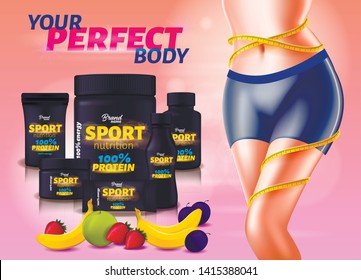 Sport Nutrition Fruit Flavour, Protein Whey Supplement Black Plastic Containers Package Mockup, Woman Body with Measuring Tape on Waist. Sports Food Ad Banner Design Realistic 3d Vector Illustration