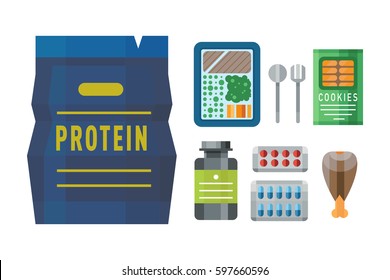 Sport nutrition icon in flat style detailed healthy food and fitness diet bodybuilding proteine power drink athletic supplement energy vector illustration.