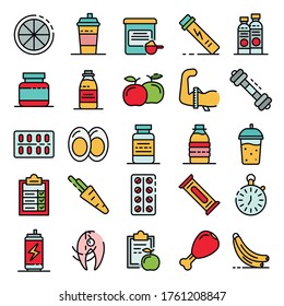 Sport nutrition icons set. Outline set of sport nutrition vector icons thin line color flat on white