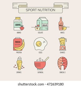 Sport nutrition icons. Vector symbols of healthy food. Design elements for menu, diet symbols.