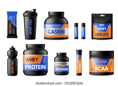 Sport nutrition labels. Bodybuilders food supplements, plastic packages with whey protein and creatine, vitamins and energy drinks, black containers and bottles with stickers. Vector realistic 3d set