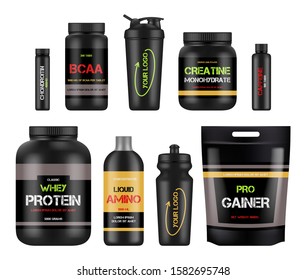 Sport nutrition labels. Protein and amino bcaa fitness vitamin design packages for healthy powerful products vector