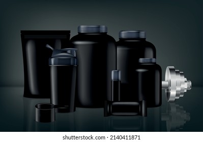 Sport nutrition package realistic composition with range of black bottles jars with reflections on glossy surface vector illustration