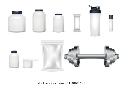 Sport nutrition package realistic set with isolated icons of white plastic bottle containers and soft bags vector illustration