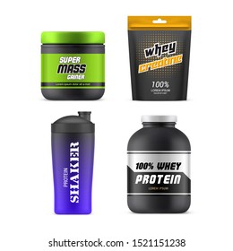 Sport nutrition packages, 3D realistic vector mockup templates. Whey protein plastic jar, mass gainer can, creatine foil zip pack and gym drink shaker bottle mock up