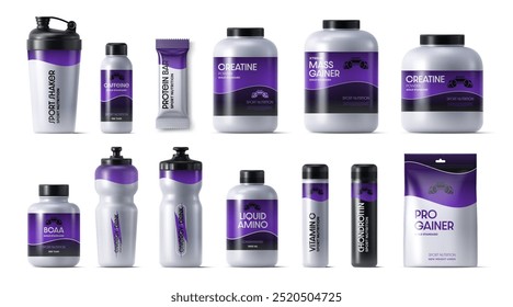 Sport nutrition packages. Realistic 3d vector mockups of protein shakes, creatine, mass gainers, protein bars, bcaa, energy drinks, and supplements. Packaging for fitness and bodybuilding products