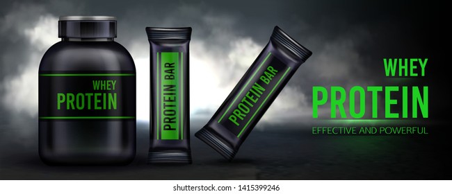 Sport nutrition, protein whey supplement and bars container packaging mockup, Black plastic jar with cap and package on dark smoky background. Sports food ad banner. Realistic 3d vector illustration,