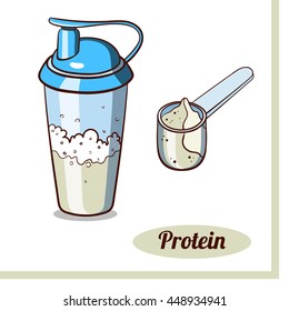 Sport nutrition. Scoop and protein shaker isolated on white background. Classic protein powder. Vector illustration.