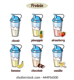 Sport nutrition. Set of different protein cocktails isolated on white background. Vector illustration.