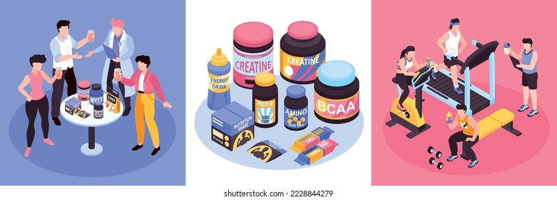 Sport nutrition square set with hydration symbols isometric isolated vector illustration