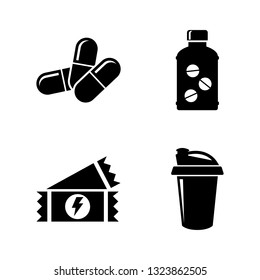 Sport Nutrition, Supplements. Simple Related Vector Icons Set for Video, Mobile Apps, Web Sites, Print Projects and Your Design. Sport Nutrition, Pill icon Black Flat Illustration on White Background.