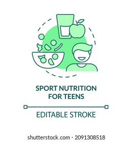 Sport nutrition for teens green concept icon. Meals for junior athletes abstract idea thin line illustration. Isolated outline drawing. Editable stroke. Roboto-Medium, Myriad Pro-Bold fonts used