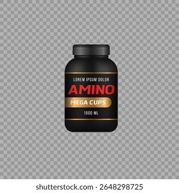 Sport nutrition tub. Realistic 3d container with black plastic body and cap. Mockup vector for supplement, whey powder, pills or dietary product in cosmetic or medical packaging design.

