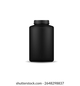 Sport nutrition tub. Realistic 3d container with black plastic body and cap. Mockup vector for supplement, whey powder, pills or dietary product in cosmetic or medical packaging design.

