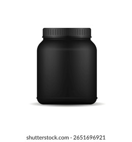 Banheira de nutrição esportiva. Recipiente 3d realista com corpo plástico preto e tampa. Mockup vetor para suplemento, pó de soro de leite, pílulas ou produto dietético em design de embalagem cosmética ou médica.

