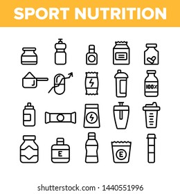 Sport Nutrition Vector Thin Line Icons Set. Sport Nutrition, Food Supplements for Sportsmen Linear Pictograms. Wellness Products, Nutritious Protein Cocktails, Pills for Athletes Contour Illustrations