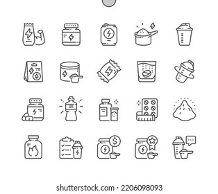 Sport nutrition. Vegan protein, energy bar, isotonic mixtures. Workout supplement. Buy, price and reviews. Pixel Perfect Vector Thin Line Icons. Simple Minimal Pictogram