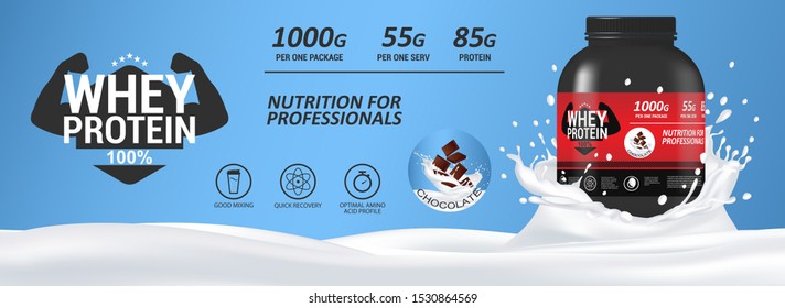 Sport nutrition, whey protein mockup banner with milk and a can of protein. Realistic 3d protein can with chocolate flavor. Сontainer packaging mockup. Sports food ad banner. Vector illustration
