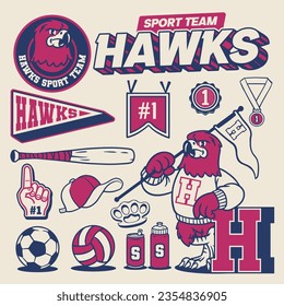 Sport Object Collection of Hawk Mascot Vintage Style