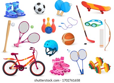 Sport object set isolated on white, active hobby game items and accessories, vector illustration. Children sport activity leisure, football, badminton racket and roller skates. Hobby game object icons