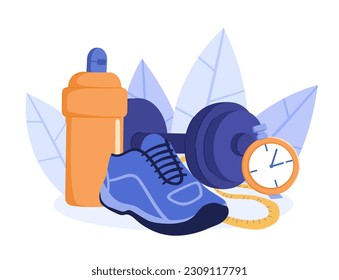 Sport objects concept. Water bottle, running shoes and dumbbell. Active lifestyle and sport. Training and fitness, workout. Cardio and strength training. Cartoon flat vector illustration