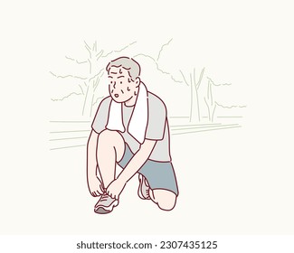 Sportalter Mann oder Senior Läufer Tying Schuhe bereit Joggen im Park. Handgezeichnete Vektordesign-Illustrationen.