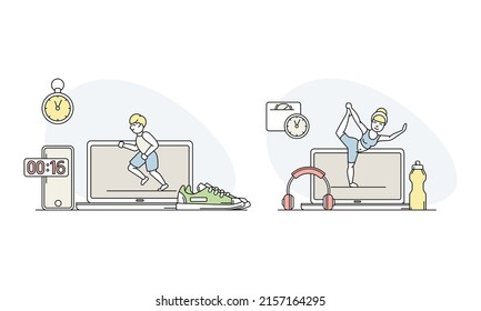 Sport online set. People jogging and doing yoga using laptop computer. Healthy lifestyle concept lined vector illustration