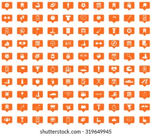 Sport orange message icons set, images in filled chat bubbles on white background