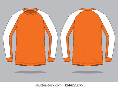 Sport Orange-White Raglan Long Sleeve T-shirt Design on Gray Background.Front and Back View.