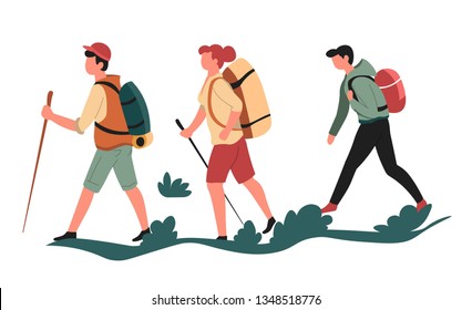 Sport or outdoor activity hikers or backpackers vector walking men and woman vector hiking backpack and stick traveling and adventure wild nature exploration trekking or camping backpacking tour