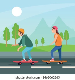 sport outdoor sportive activity, couple riding skate by road in nature environment cartoon vector illustration graphic design