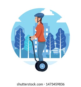 sport outdoor sportive activity, woman riding gyro scooter in city park cartoon vector illustration graphic design