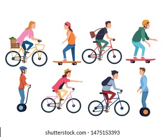 sport outdoor sportive bicycle ride activity, people riding with differents sport wheels vehicles isolated cartoon vector illustration graphic design vector illustration graphic design