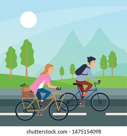 sport outdoor sportive bicycle ride activity, couple riding bikes in nature environment by road cartoon vector illustration graphic design
