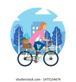 sport outdoor sportive bicycle ride activity, woman riding with bicycle in urban city park cartoon vector illustration graphic design