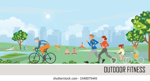 Sport outdoors activity in city public park. People are running, cycling, doing yoga, relaxing and connecting, healthy lifestyle concept vector illustration.