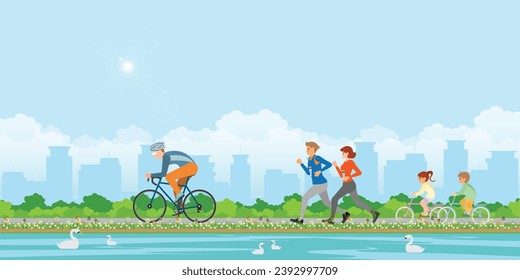 Sport outdoors activity in city public park.People are running, cycling, healthy lifestyle concept vector illustration.